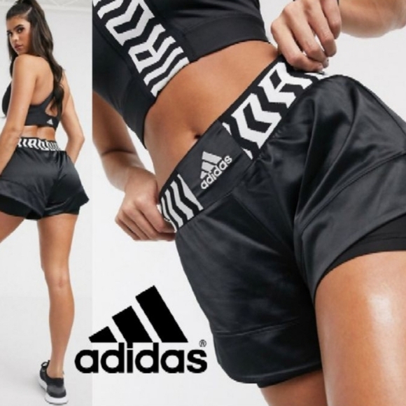 adidas Pants - ADIDAS Boxing Gym 2 in 1 TKO Elastic Waist LOGO Black Satin Track w Bike Shorts